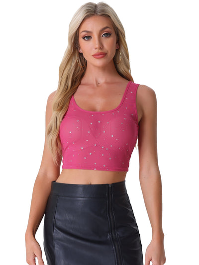 Sheer Mesh Scoop Neck Metallic Stars Sleeveless Party Cropped Top