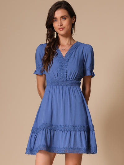 Boho Puff Sleeve V Neck Smocked Waist Ruffled Tiered Dress