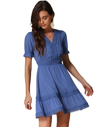 Boho Puff Sleeve V Neck Smocked Waist Ruffled Tiered Dress