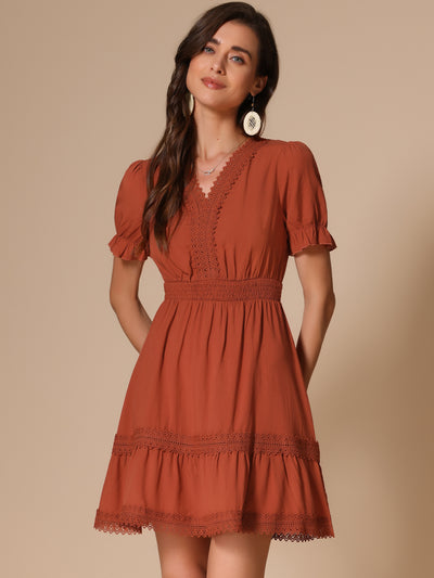 Boho Puff Sleeve V Neck Smocked Waist Ruffled Tiered Dress