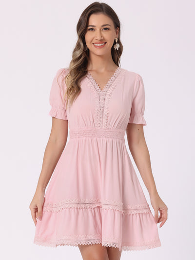 Boho Puff Sleeve V Neck Smocked Waist Ruffled Tiered Dress