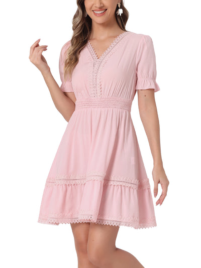 Boho Puff Sleeve V Neck Smocked Waist Ruffled Tiered Dress