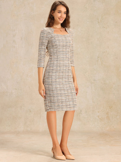 Elegant Square Neck 3/4 Sleeve Plaid Tweed Bodycon Dress