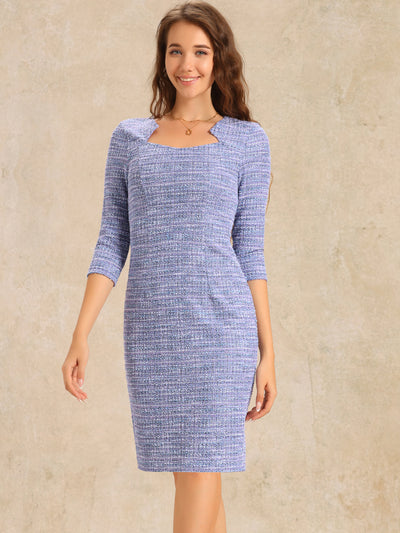 Elegant Square Neck 3/4 Sleeve Plaid Tweed Bodycon Dress