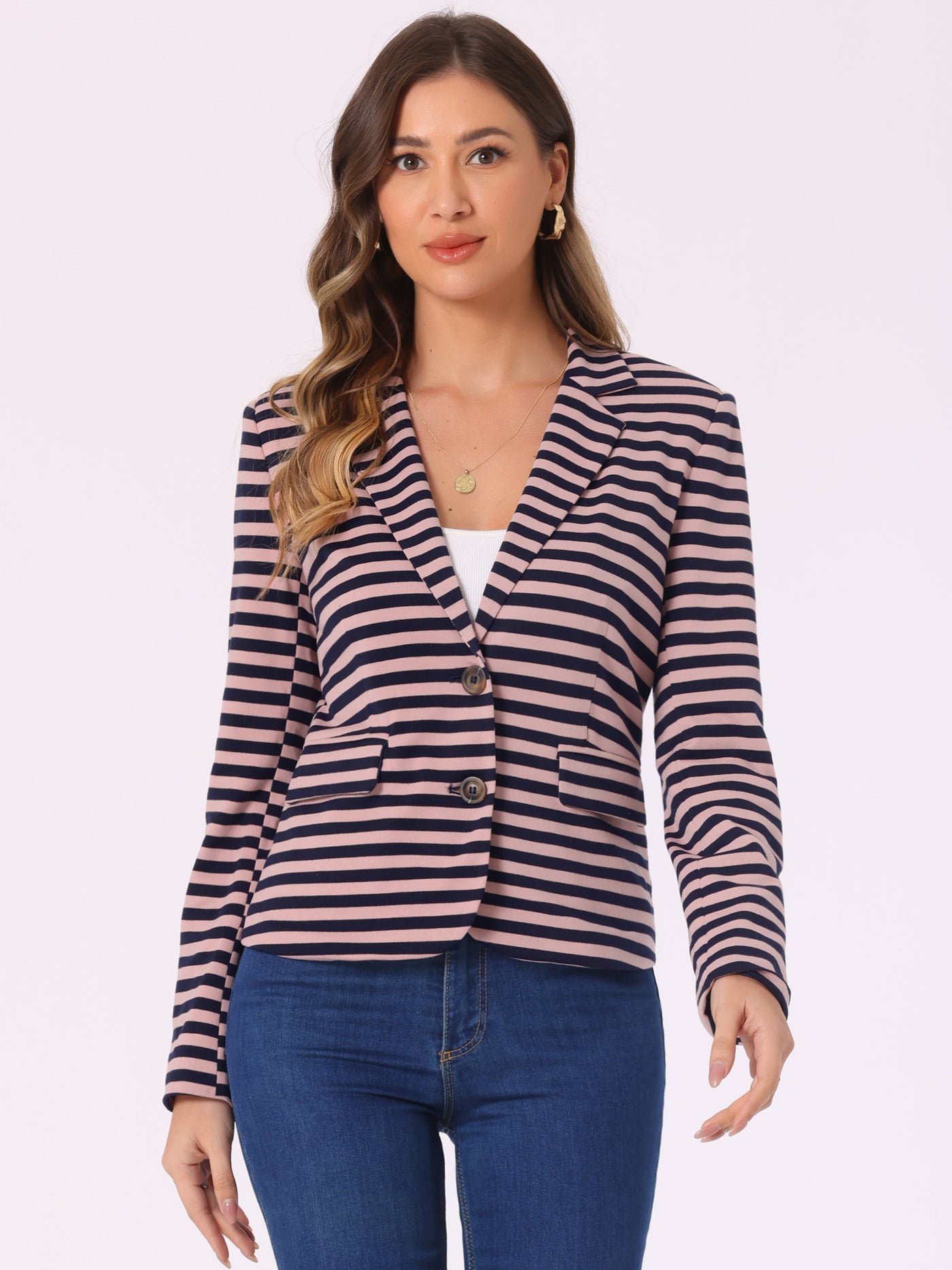 Allegra K Notched Lapel Pocket Button Closure Striped Blazer