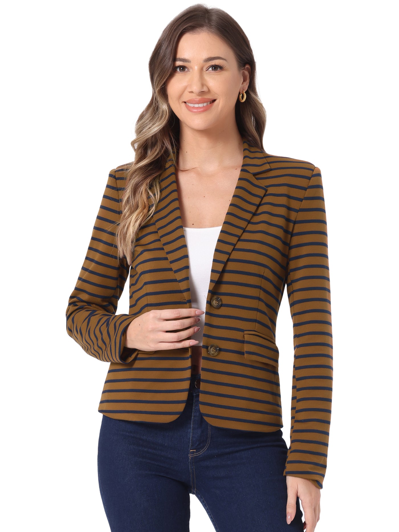 Allegra K Notched Lapel Pocket Button Closure Striped Blazer