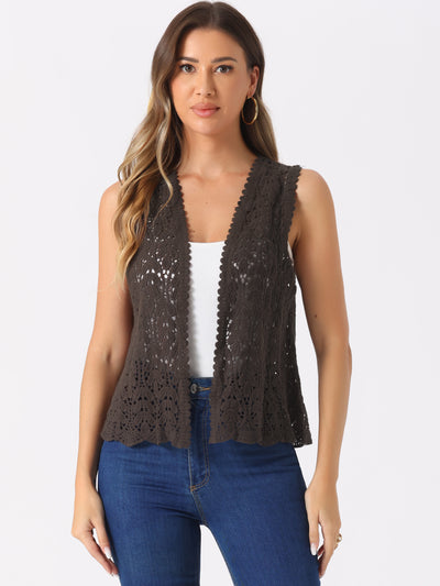 Floral Crochet Hollow Out Sleeveless Open Front Boho Vest Cardigan