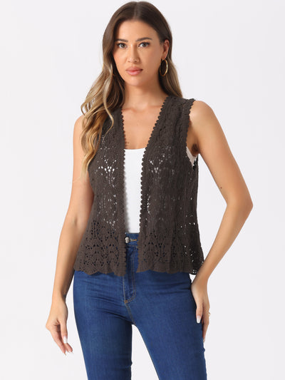 Floral Crochet Hollow Out Sleeveless Open Front Boho Vest Cardigan