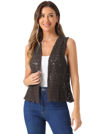 Floral Crochet Hollow Out Sleeveless Open Front Boho Vest Cardigan