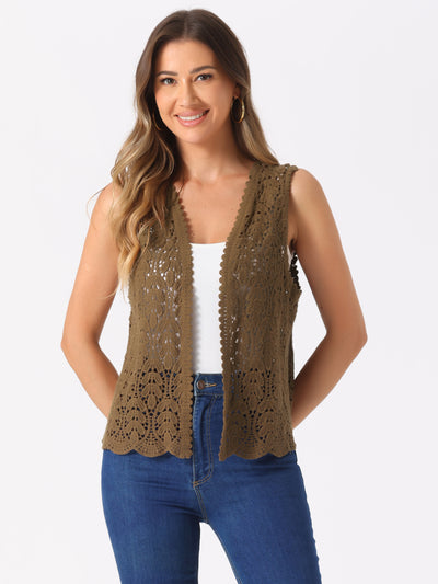 Floral Crochet Hollow Out Sleeveless Open Front Boho Vest Cardigan