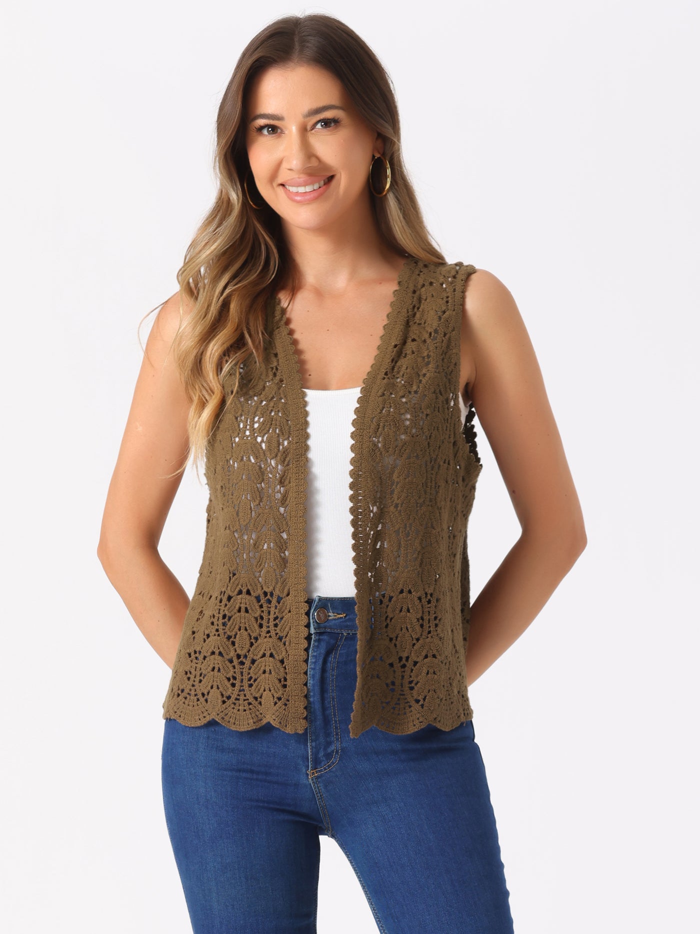 Allegra K Floral Crochet Hollow Out Sleeveless Open Front Boho Vest Cardigan