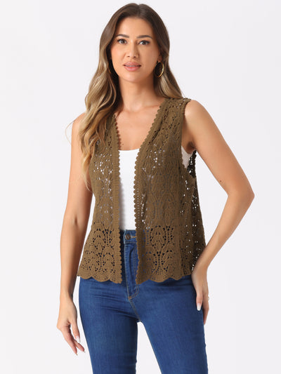 Floral Crochet Hollow Out Sleeveless Open Front Boho Vest Cardigan