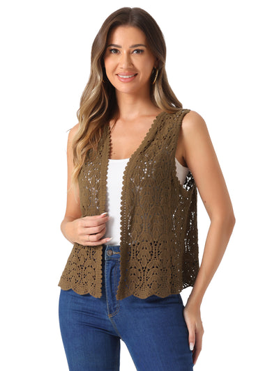 Floral Crochet Hollow Out Sleeveless Open Front Boho Vest Cardigan