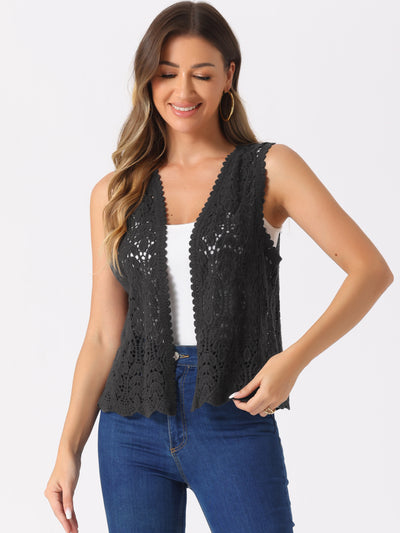 Floral Crochet Hollow Out Sleeveless Open Front Boho Vest Cardigan