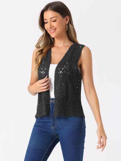 Floral Crochet Hollow Out Sleeveless Open Front Boho Vest Cardigan