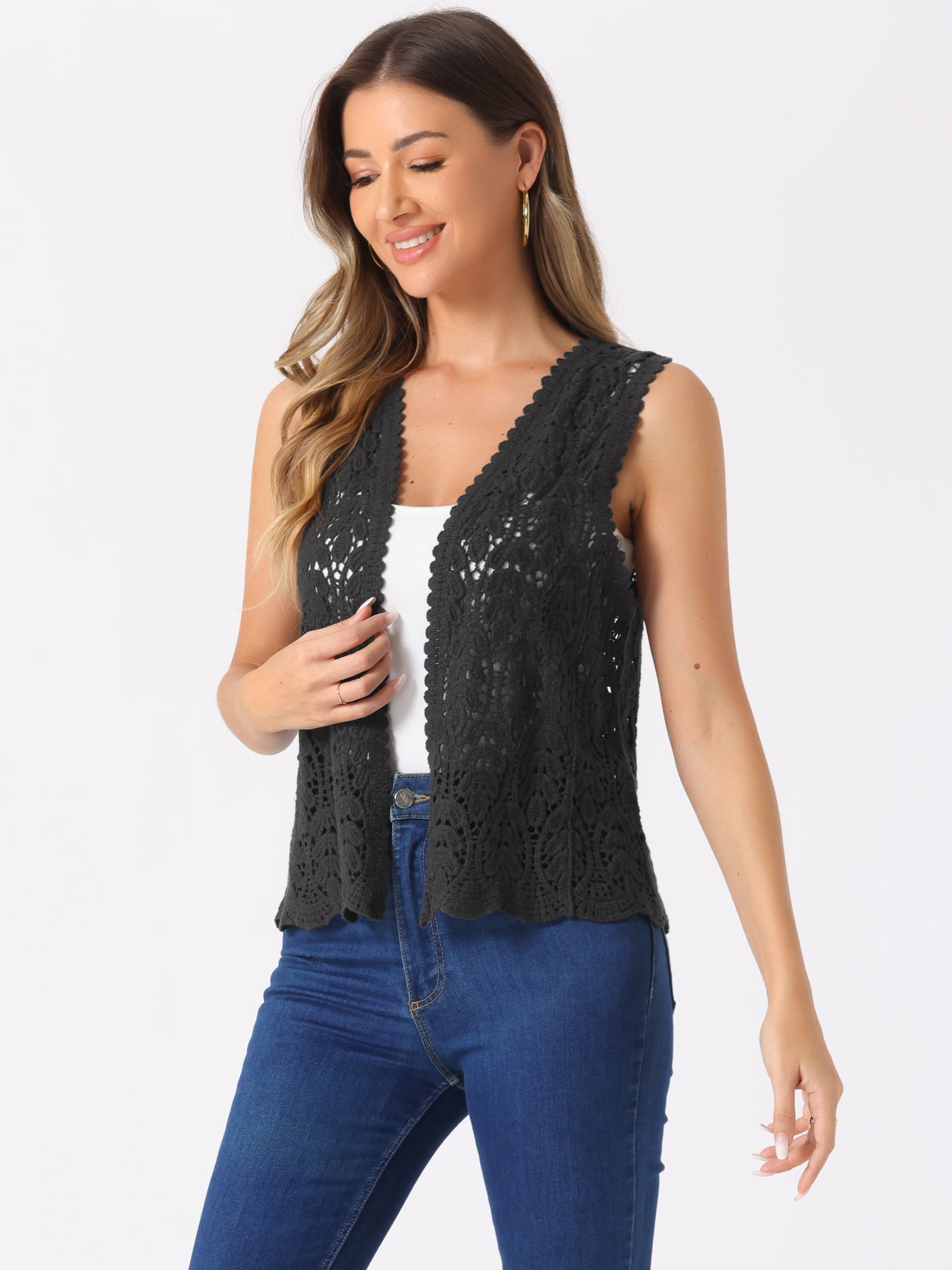 Allegra K Floral Crochet Hollow Out Sleeveless Open Front Boho Vest Cardigan