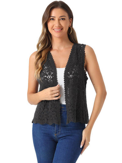 Floral Crochet Hollow Out Sleeveless Open Front Boho Vest Cardigan