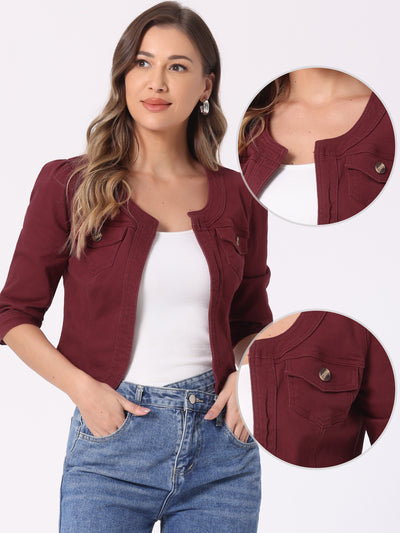 Denim Collarless Pockets 3/4 Sleeve Feminine Style Jacket