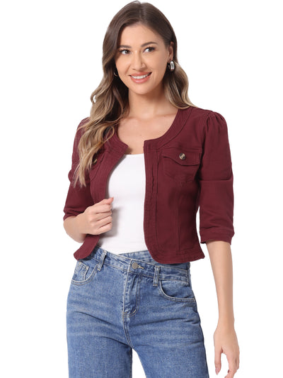 Denim Collarless Pockets 3/4 Sleeve Feminine Style Jacket