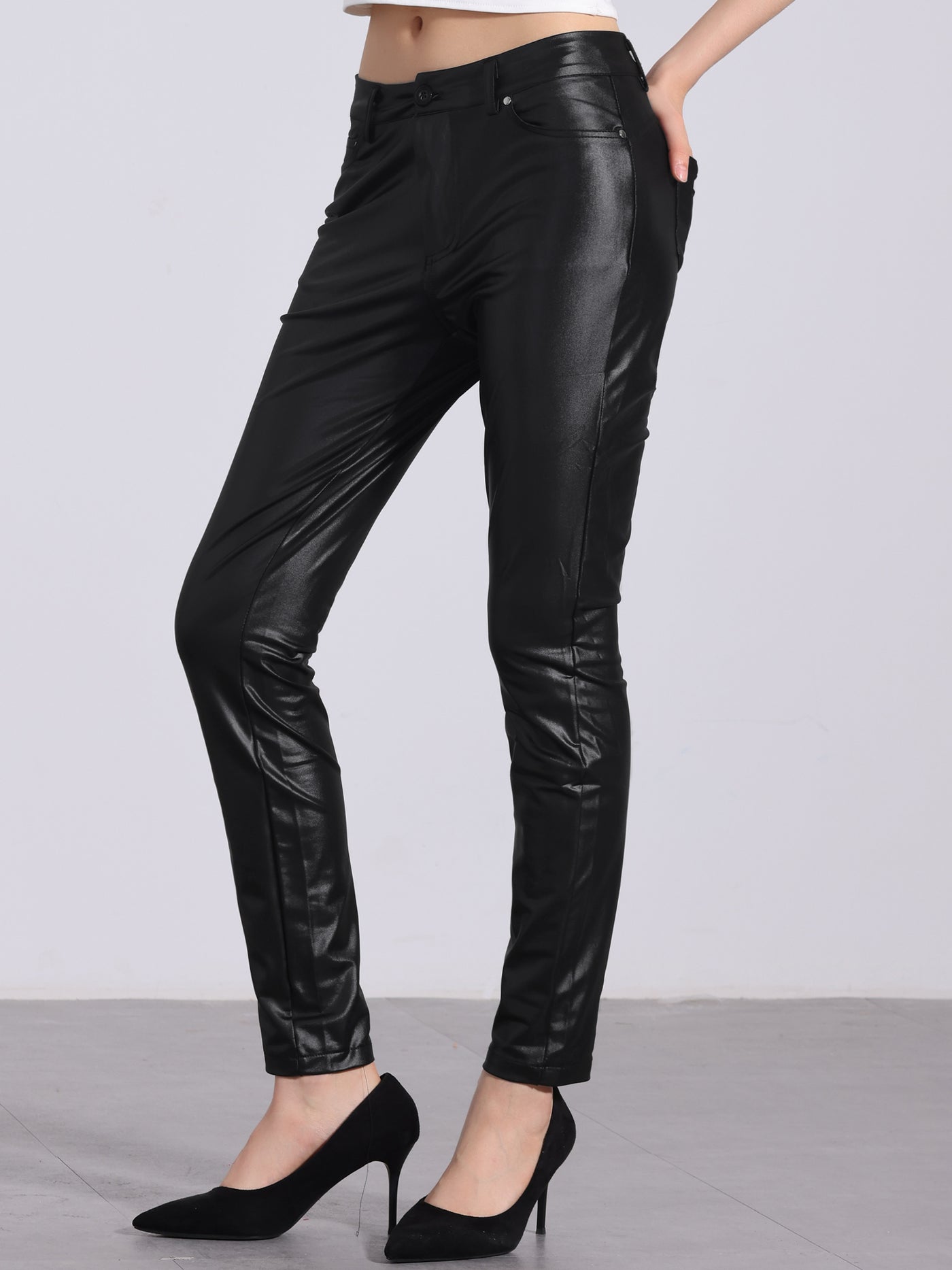 Allegra K Faux Leather High Waist Stretch Slim Fit Motorcycle Legging Pants