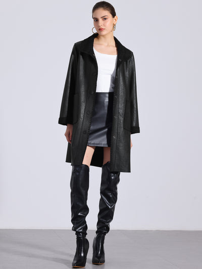 Faux Leather Button Up Peter Pan Collar Mid Long Jacket