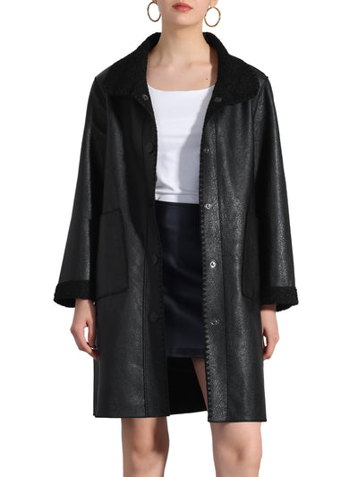 Faux Leather Button Up Peter Pan Collar Mid Long Jacket