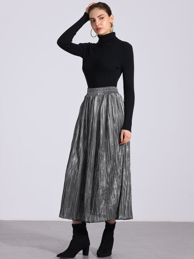 Allegra K Metallic Shiny Glitter High Waist Flared Plaeted Midi Skirts