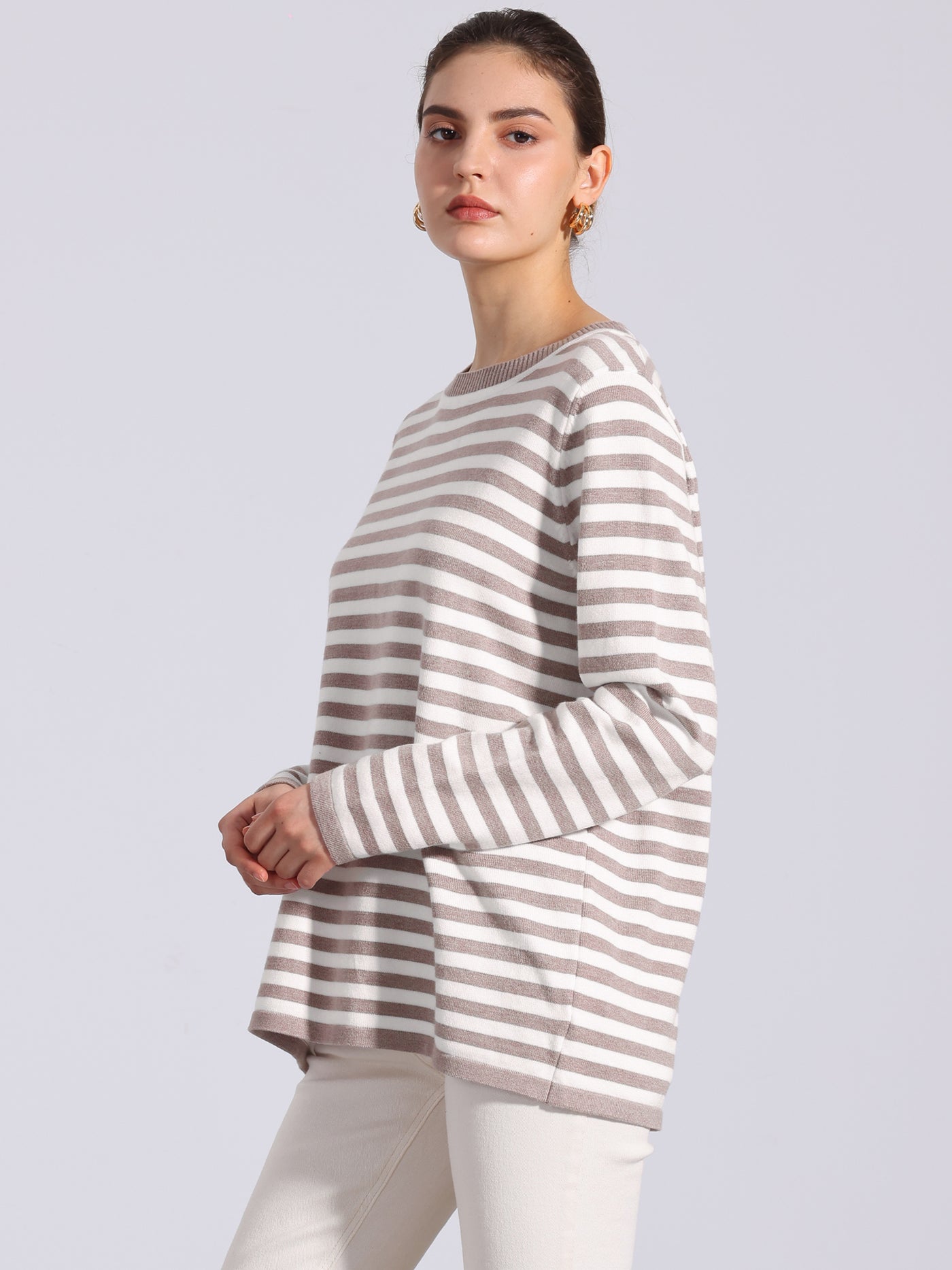 Allegra K Long Sleeve Striped Crew Neck Pullover Sweater