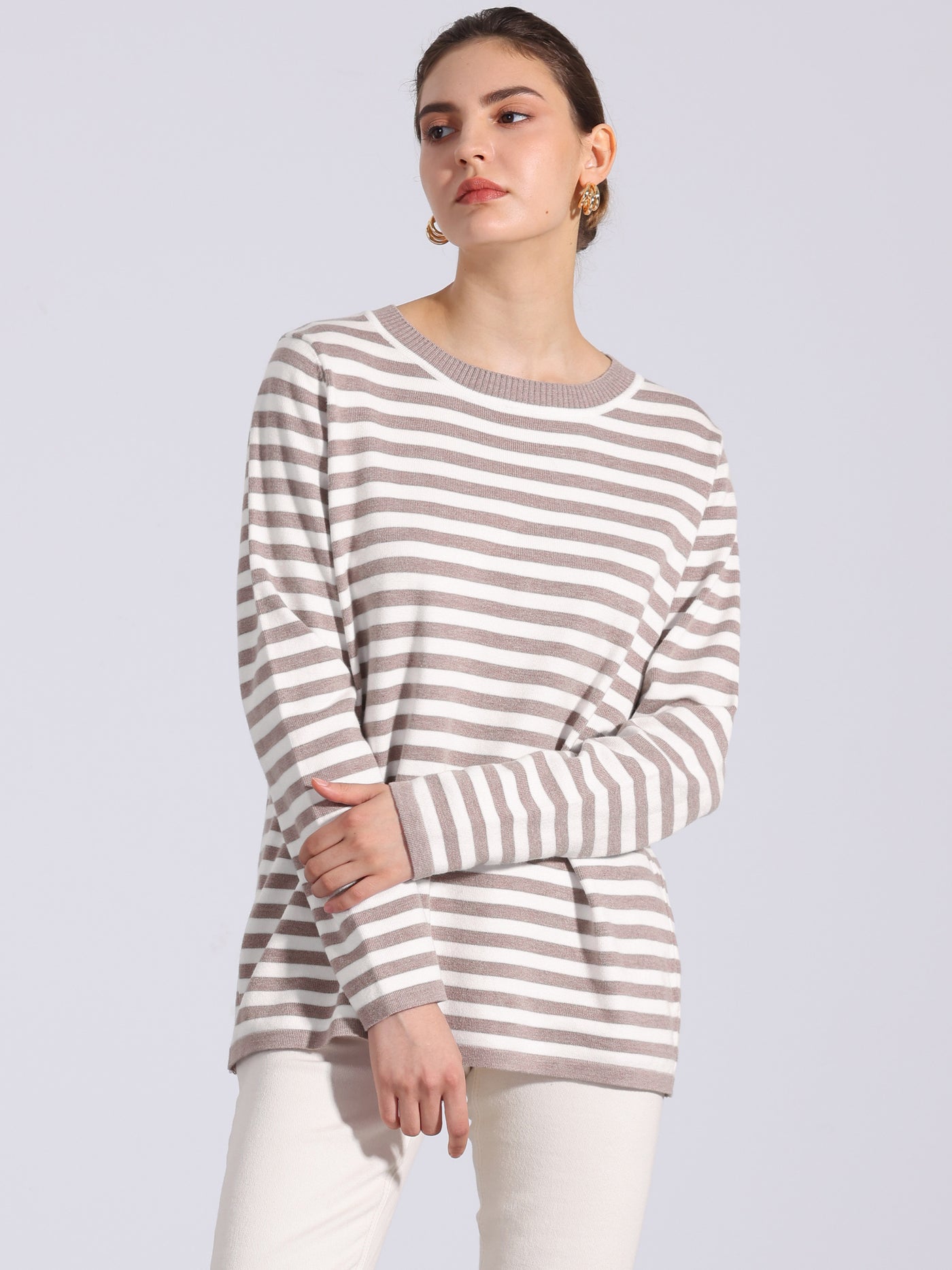 Allegra K Long Sleeve Striped Crew Neck Pullover Sweater