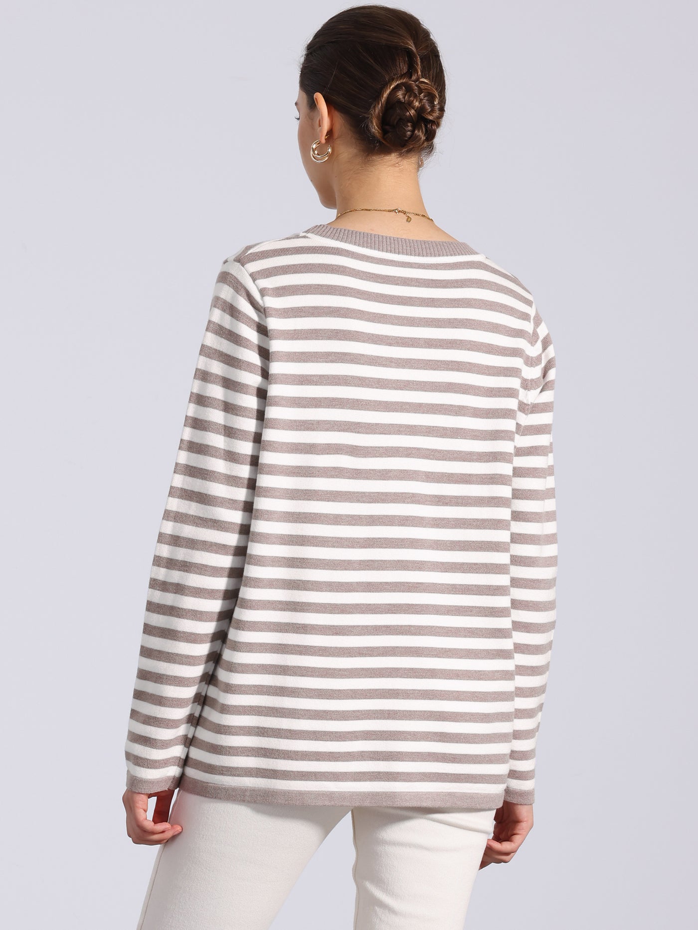 Allegra K Long Sleeve Striped Crew Neck Pullover Sweater