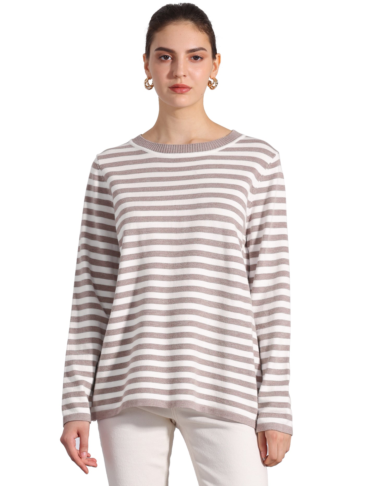 Allegra K Long Sleeve Striped Crew Neck Pullover Sweater