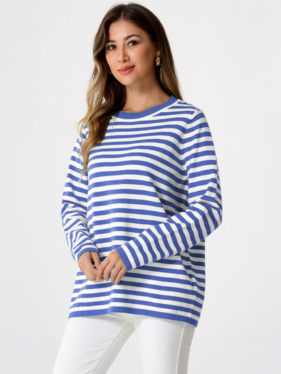 Allegra K Long Sleeve Striped Crew Neck Pullover Sweater