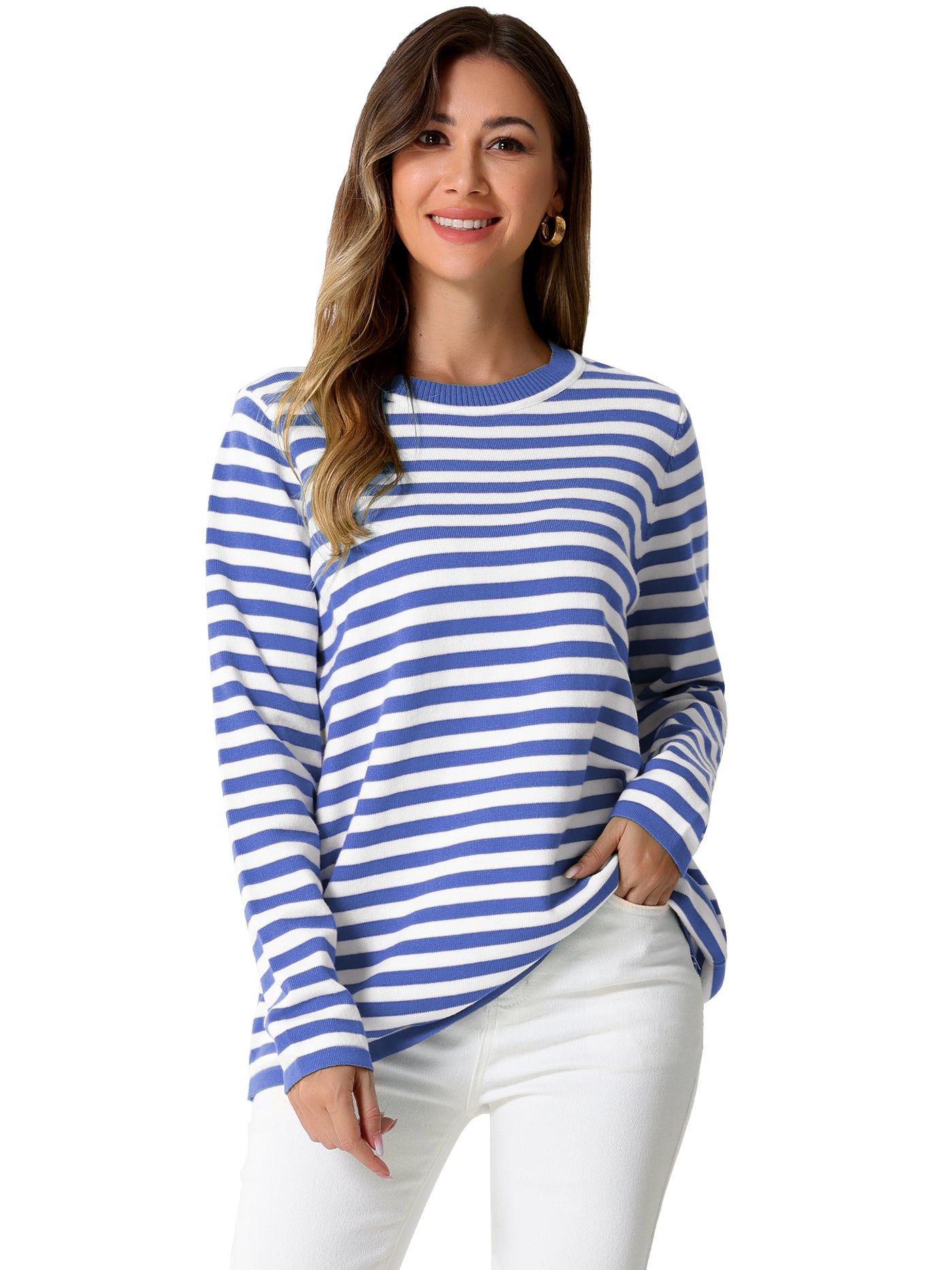 Allegra K Long Sleeve Striped Crew Neck Pullover Sweater