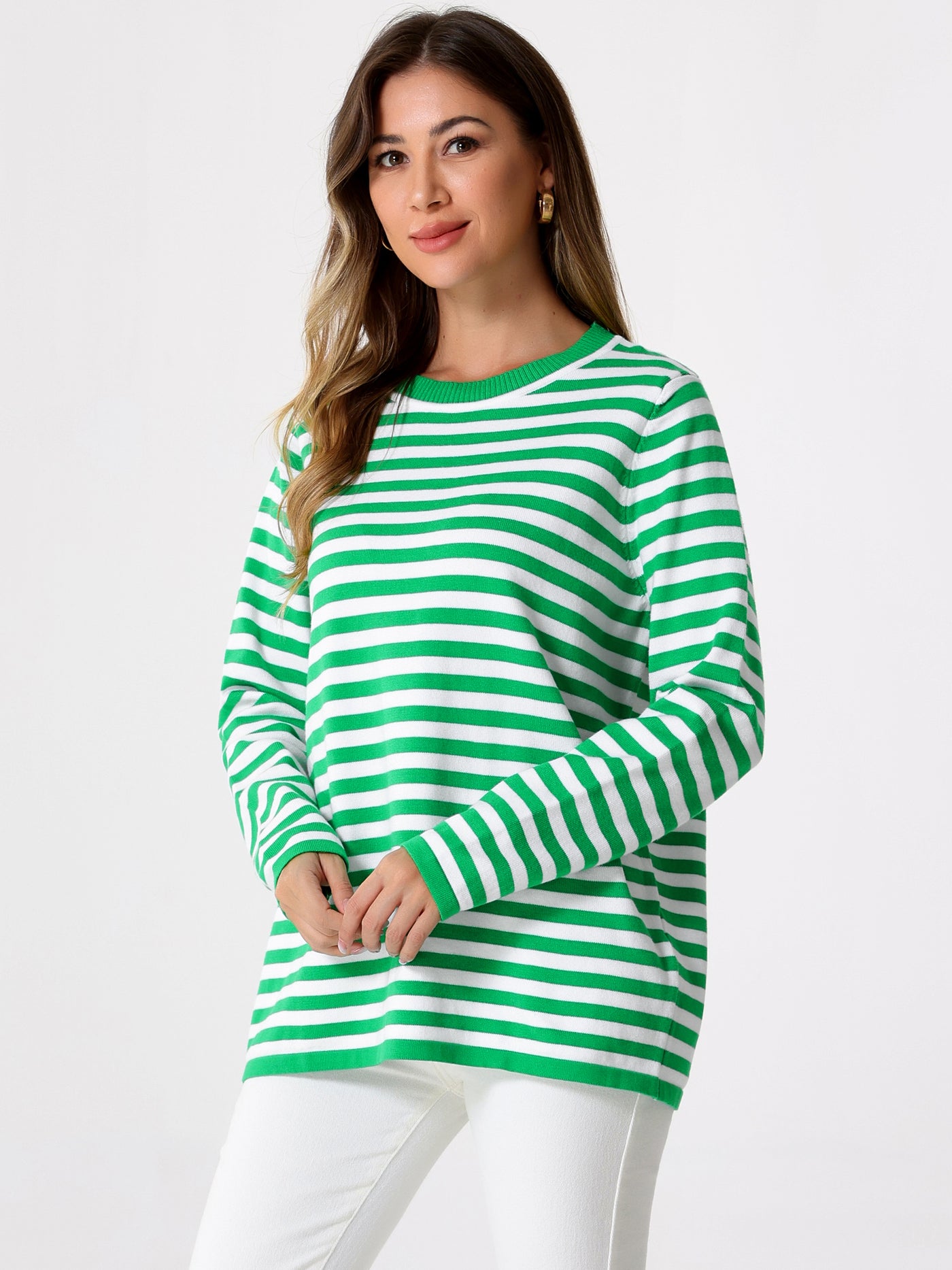 Allegra K Long Sleeve Striped Crew Neck Pullover Sweater