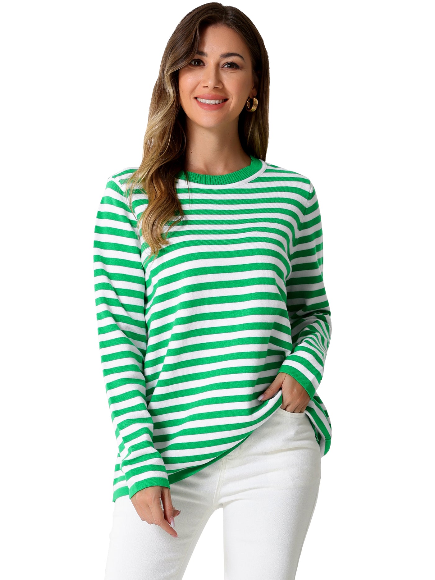 Allegra K Long Sleeve Striped Crew Neck Pullover Sweater