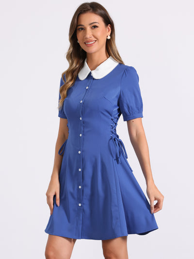 Vintage Peter Pan Collar Lace Up Button Down Dress