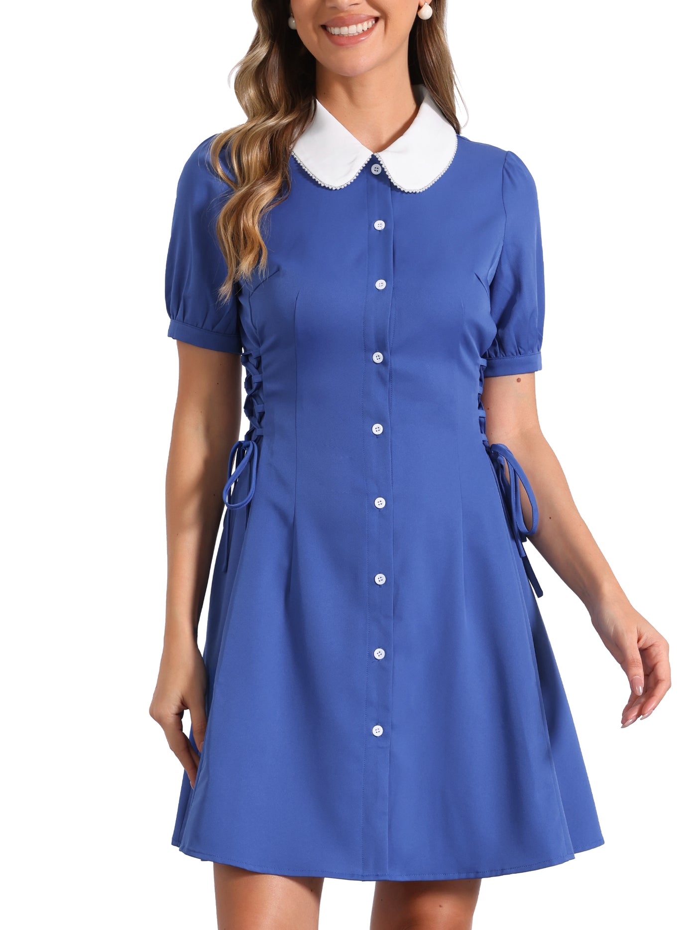 Allegra K Vintage Peter Pan Collar Lace Up Button Down Dress