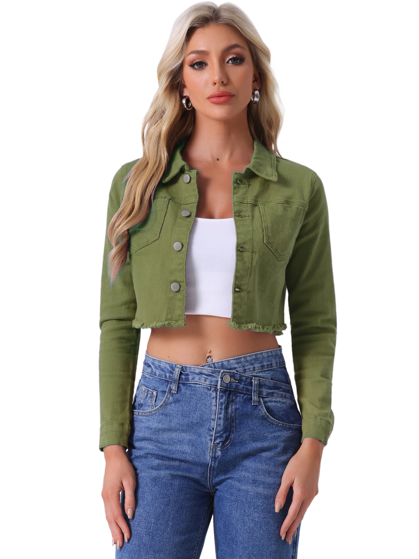 Allegra K Trendy Frayed Button Up Washed Cropped Denim Jacket