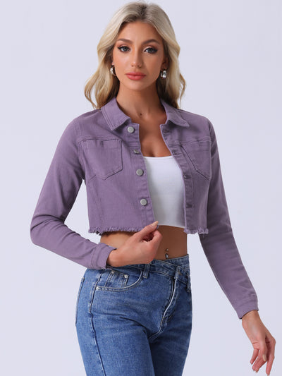 Trendy Frayed Button Up Washed Cropped Denim Jacket