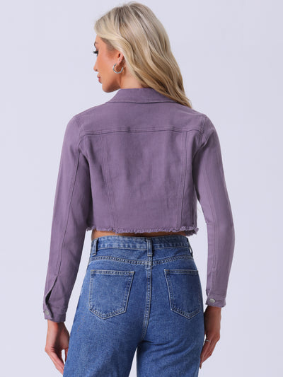 Trendy Frayed Button Up Washed Cropped Denim Jacket