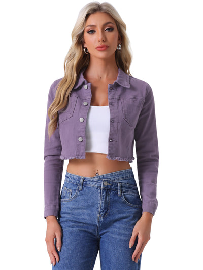 Trendy Frayed Button Up Washed Cropped Denim Jacket