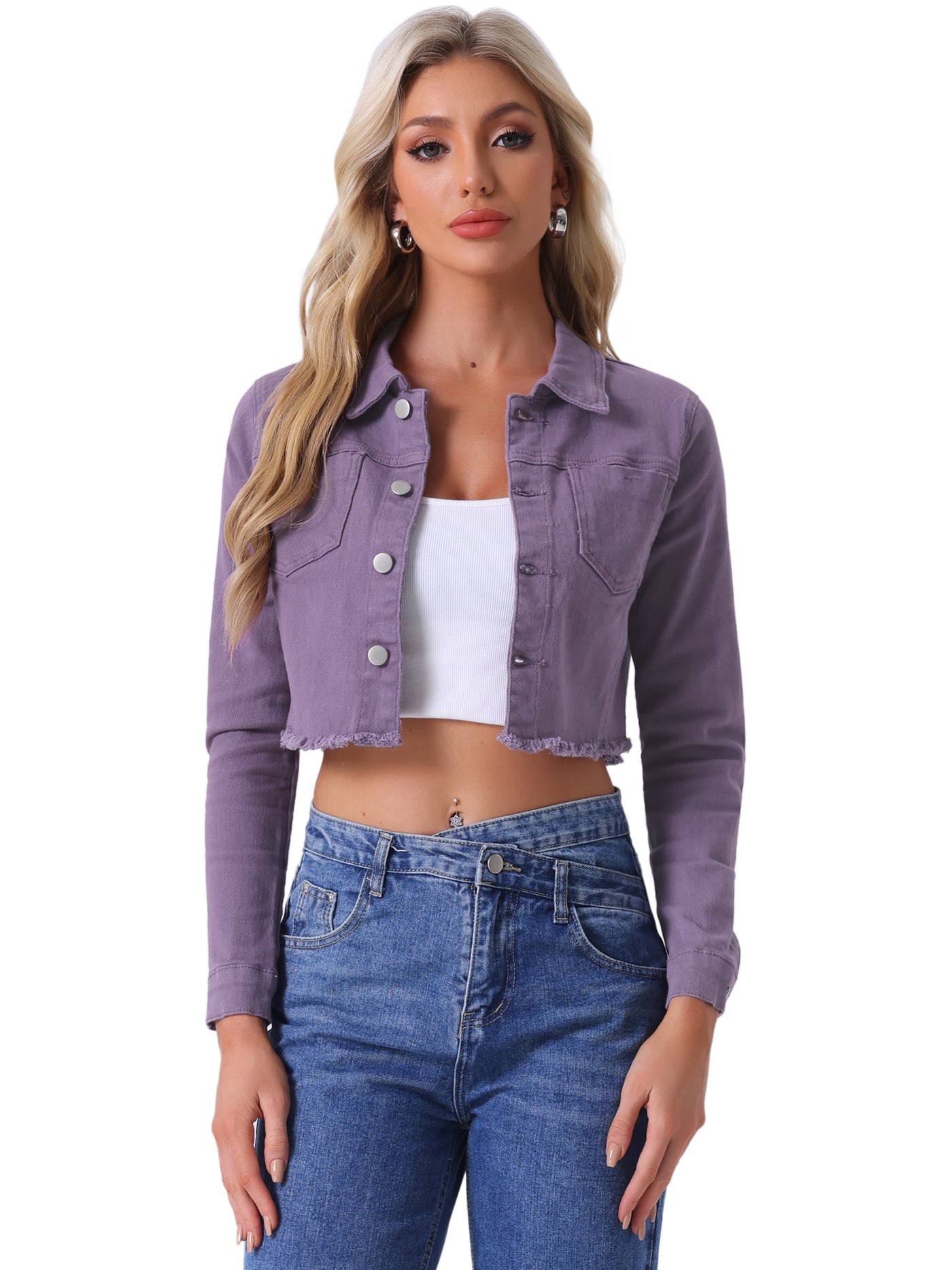 Allegra K Trendy Frayed Button Up Washed Cropped Denim Jacket