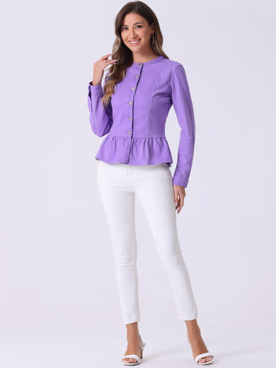 Peplum Denim Collarless Round Neck Cropped Ruffle Hem Jacket