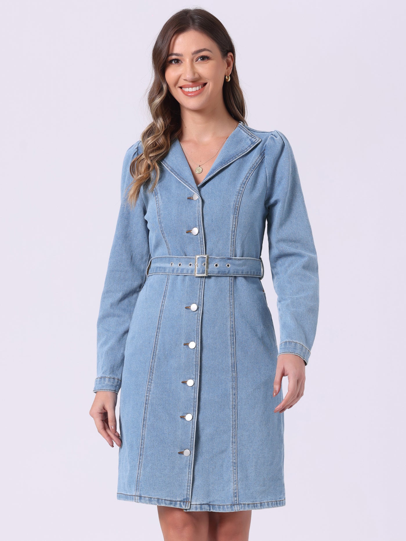 Allegra K Long Sleeve Button Down Lapel Belt Pockets Jean Denim Shirt Dress