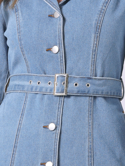 Long Sleeve Button Down Lapel Belt Pockets Jean Denim Shirt Dress