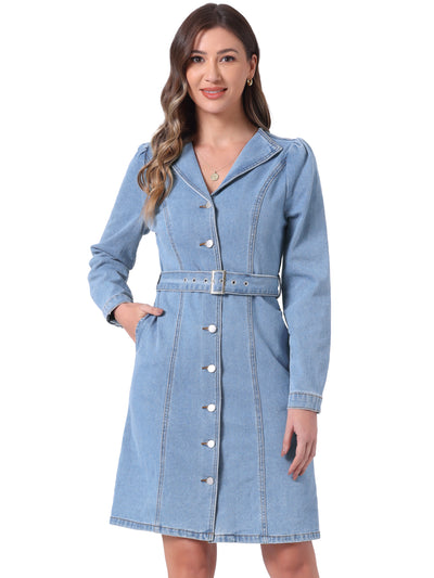 Long Sleeve Button Down Lapel Belt Pockets Jean Denim Shirt Dress