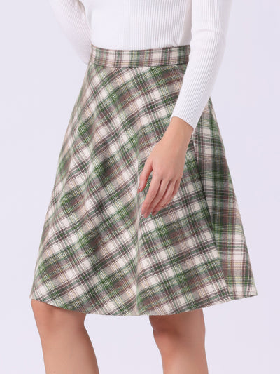 Vintage Plaid Tartan Elastic Waist Knee Length A-Line Skirt