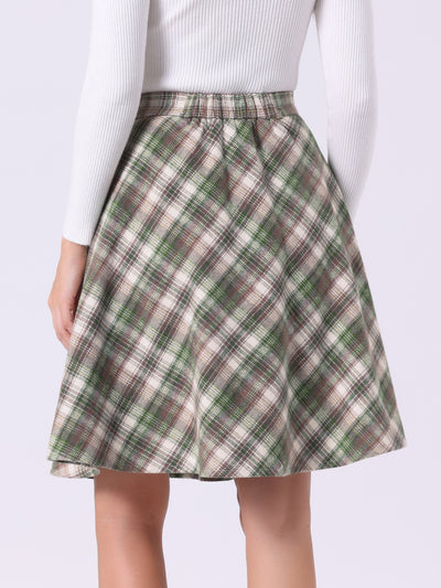 Vintage Plaid Tartan Elastic Waist Knee Length A-Line Skirt