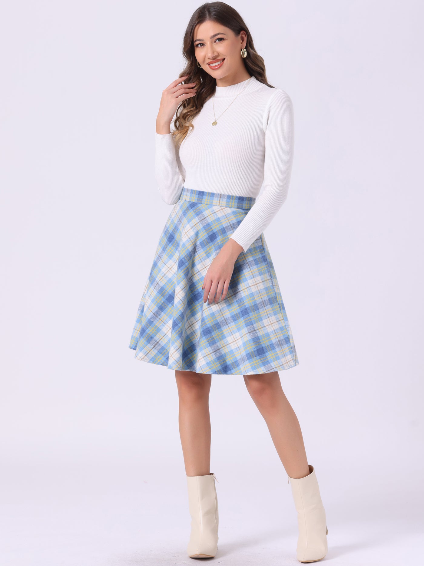 Allegra K Vintage Plaid Tartan Elastic Waist Knee Length A-Line Skirt