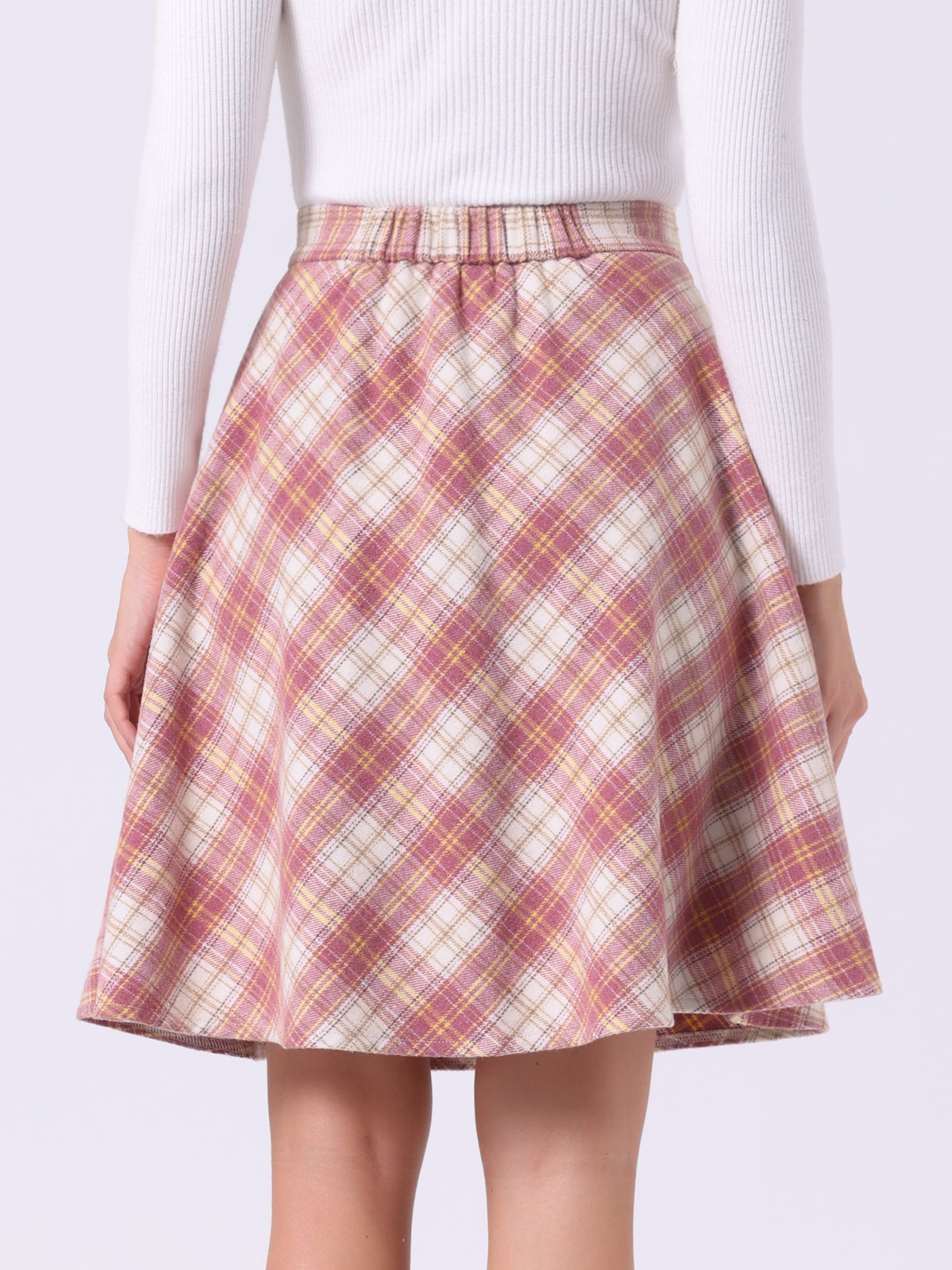 Allegra K Vintage Plaid Tartan Elastic Waist Knee Length A-Line Skirt